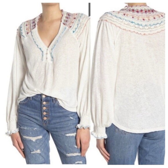 Free People Siesta Fiesta White Embroidered Crochet  Bohemian Blouse Top Small - Picture 2 of 8